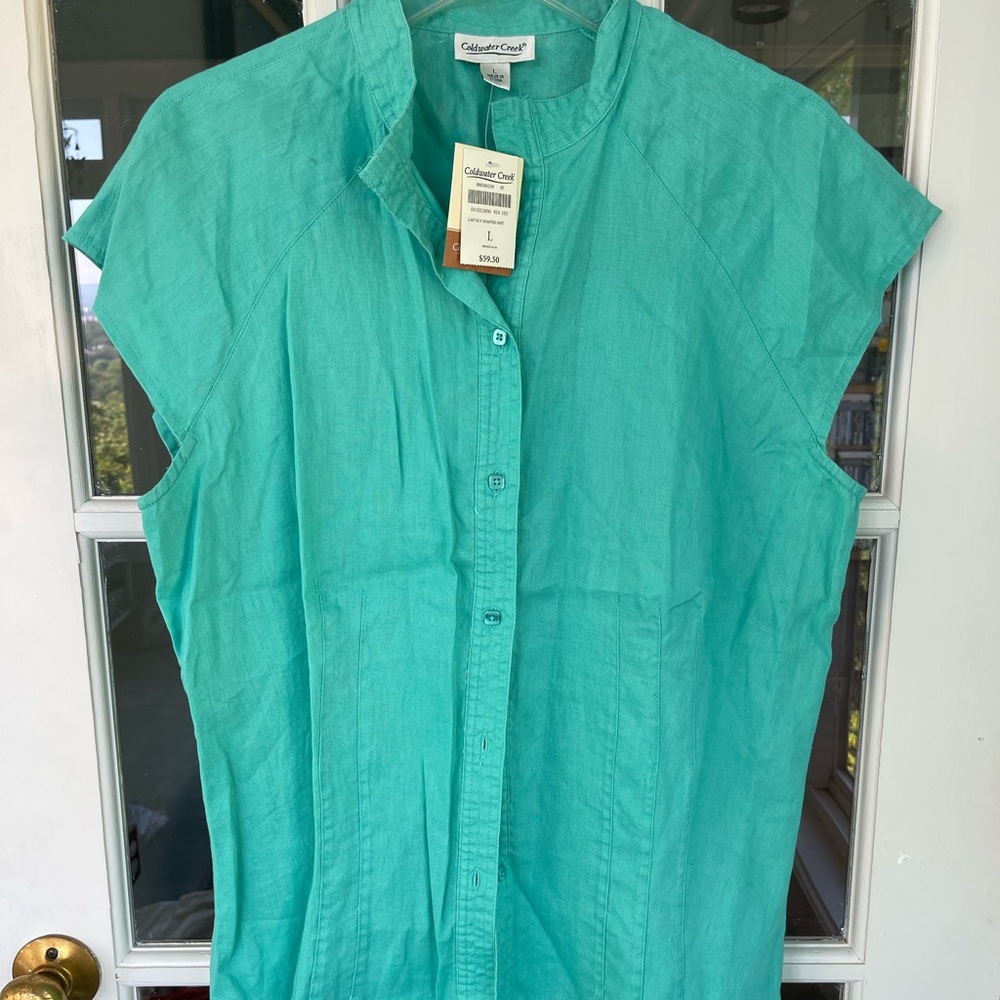 Cap sleeve teal linen top